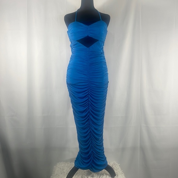 Fashion Nova Dresses & Skirts - Blue ruched long maxi dress,cut out, peek a boo tube top, halter neck top